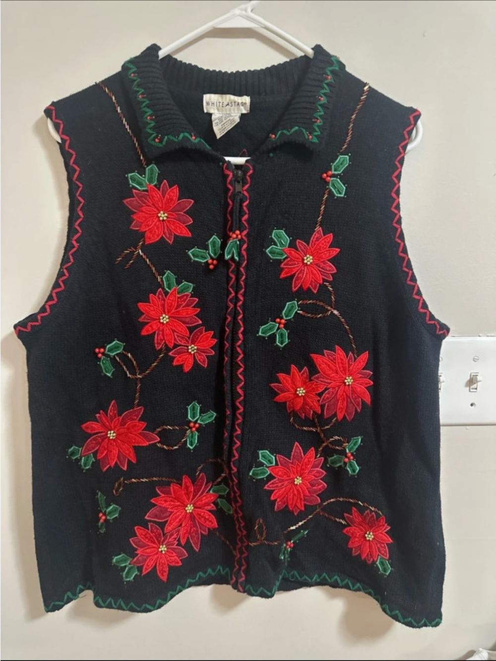 White Stag Black Sleeveless Vest with Red Poinsettia Embroidery